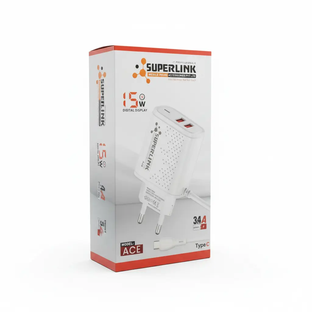 superlink ace 15w fast mobile charger – high speed adapter with attached type c cable & digital display superlink ace 15w fast mobile charger – high speed adapter with attached type c cable & digital display